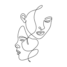 Two faces, drawn with a single black line, appear to be female, one closed eyes, the other in profile.