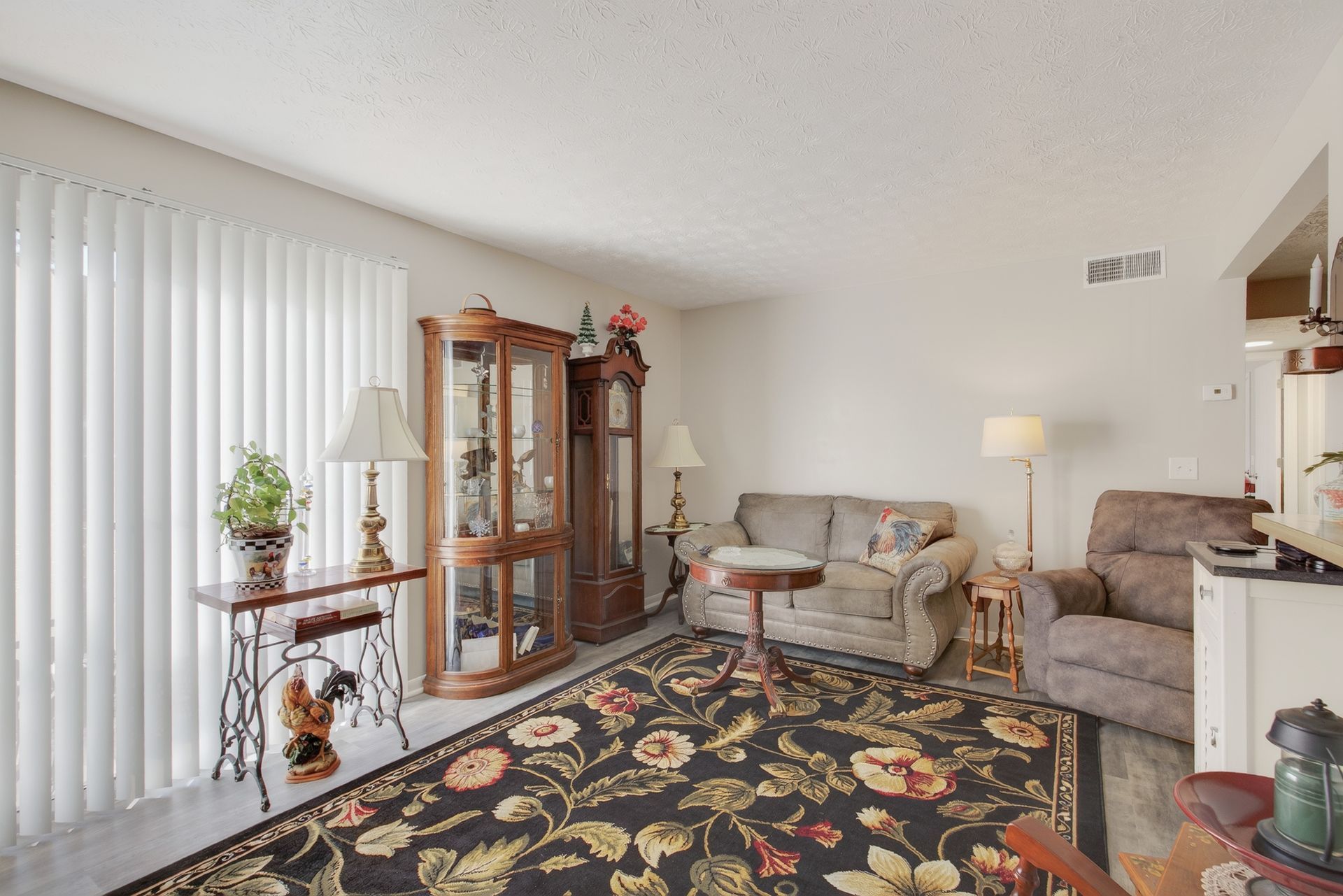 Bright living room with floral rug, beige sofa, glass cabinet, and tall vertical blinds