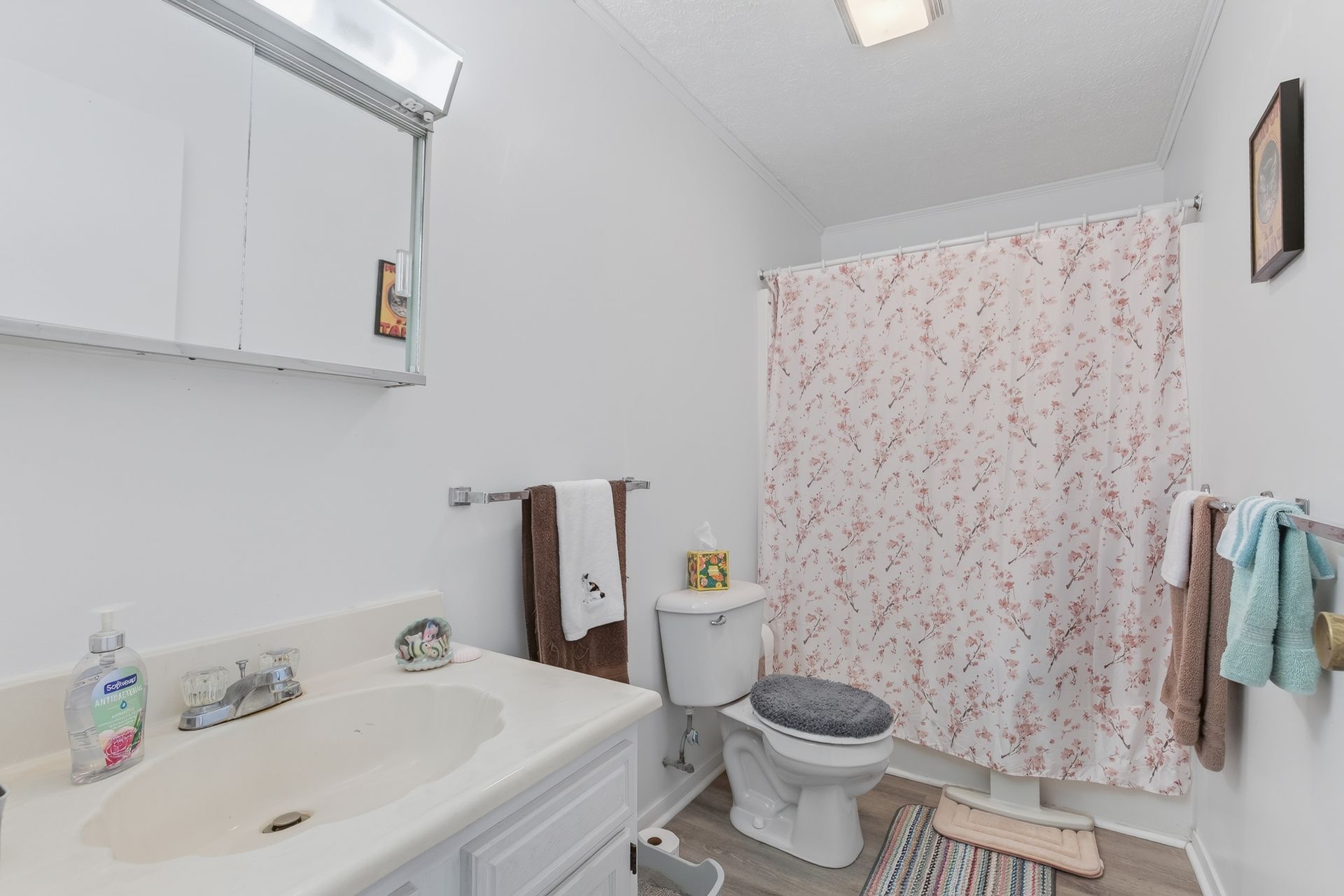 Small bathroom with sink, mirror, toilet, shower curtain, and towels on the wall.