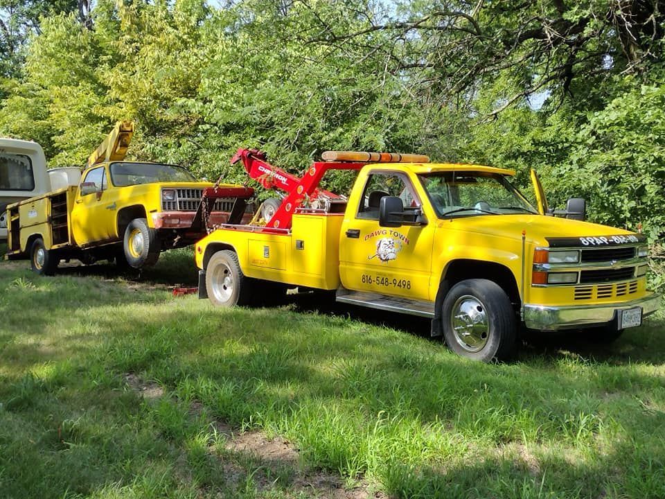 Two yellow tow trucks parked on grass under trees, one with a red boom arm.