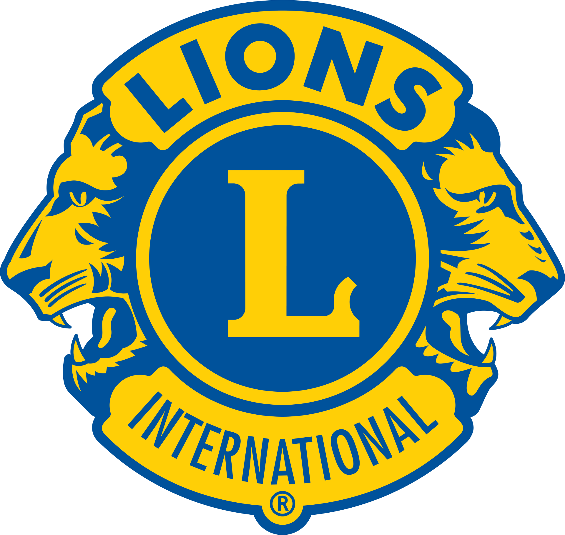 Lions Clubs International logo: blue and gold emblem with two lion profiles flanking a central circle with a large 