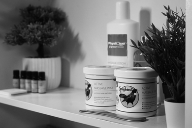 Shelf with massage supplies: jars of wax, lotion, essential oils, small plants.