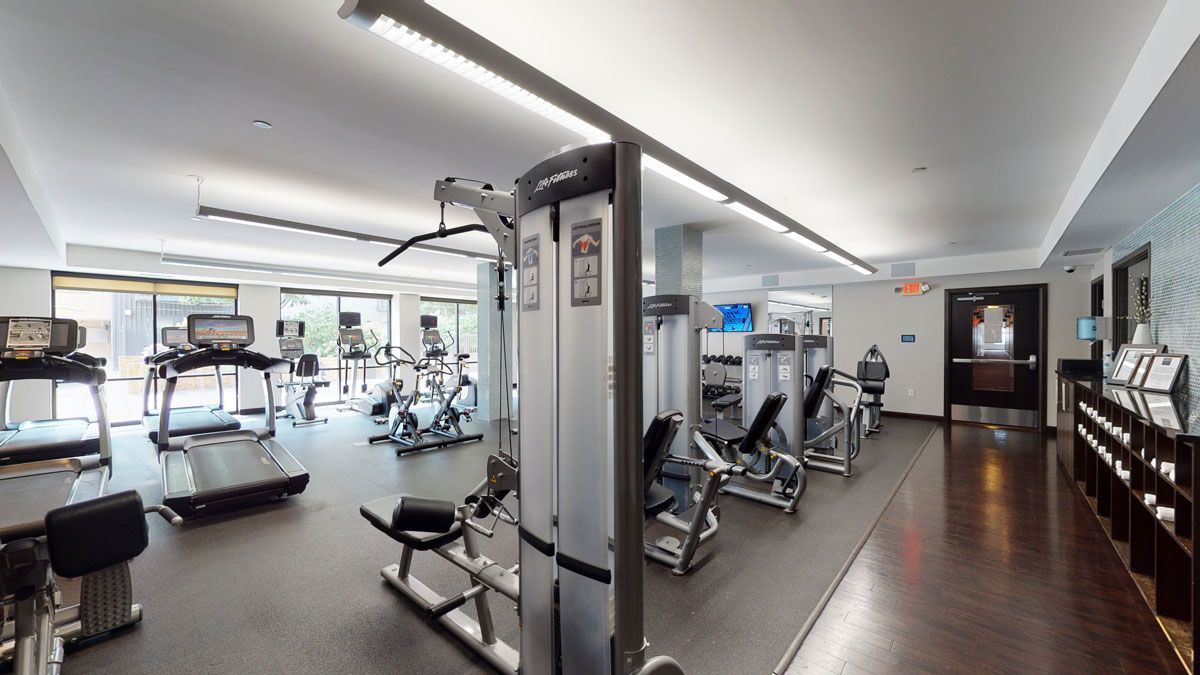 Modern gym interior with treadmills, exercise bikes, and weight machines under bright lighting