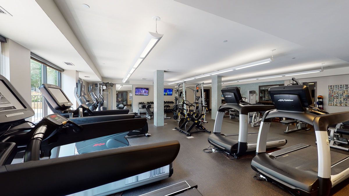 Bright gym interior with treadmills, exercise bikes, and weight machines under long overhead lights.