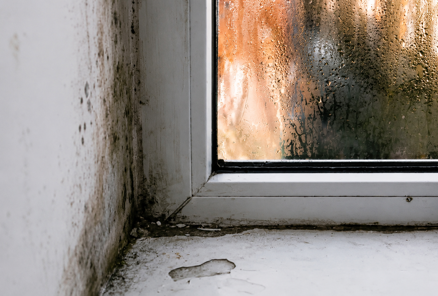 Moldy, stained window corner with peeling paint and damp buildup on the sill