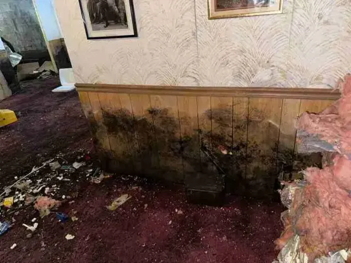 Smoke-damaged wall and carpet in a room, with black soot stains and debris on the floor