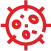 Red virus icon with circular spikes and small dots inside on a white background