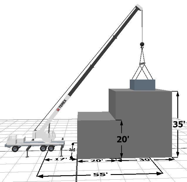 Crane lifting a load over stepped blocks, with 20' and 35' height markings and 85' width measurement.