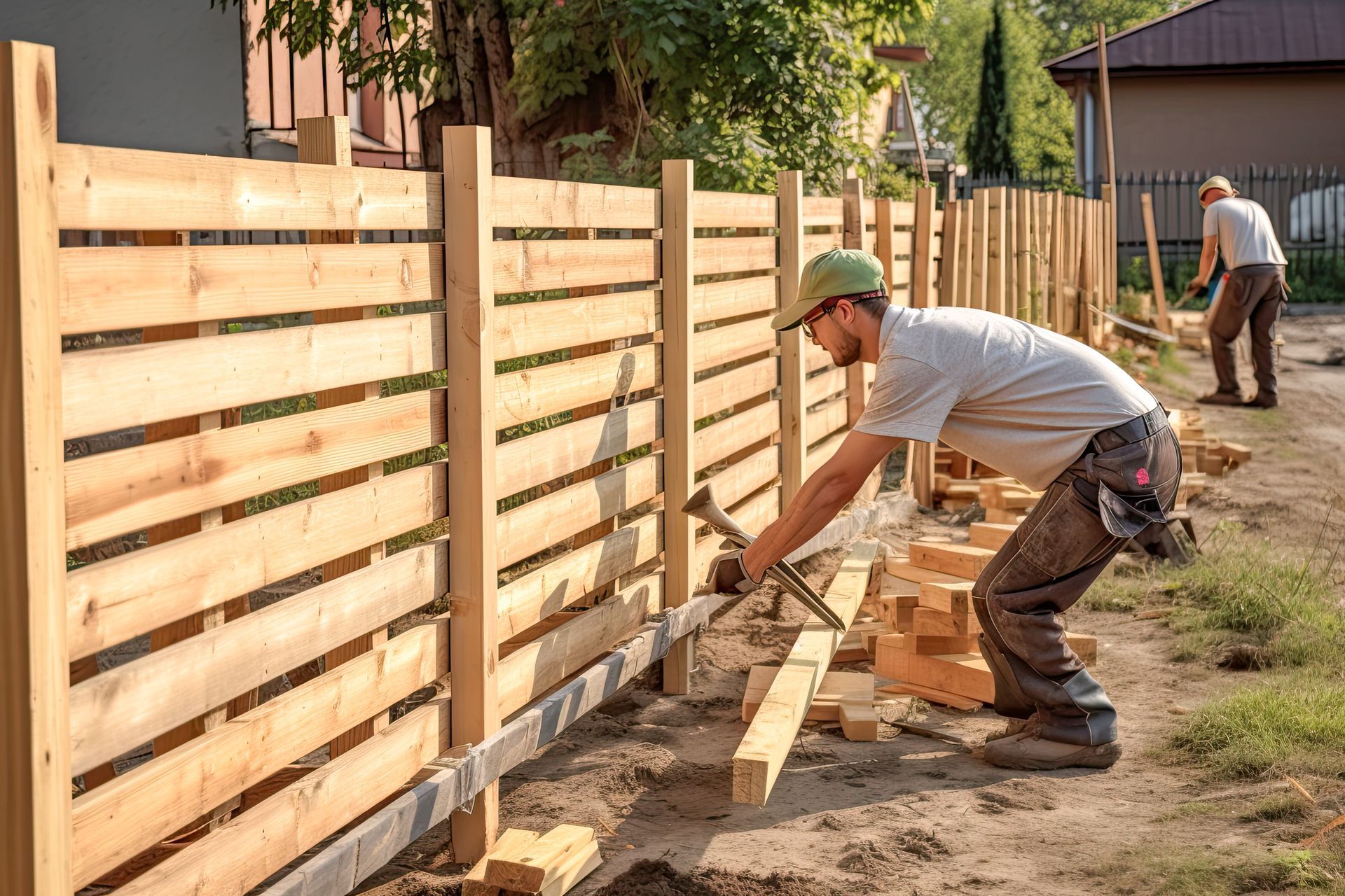 Local fence contractors are building a fence in a backyard.