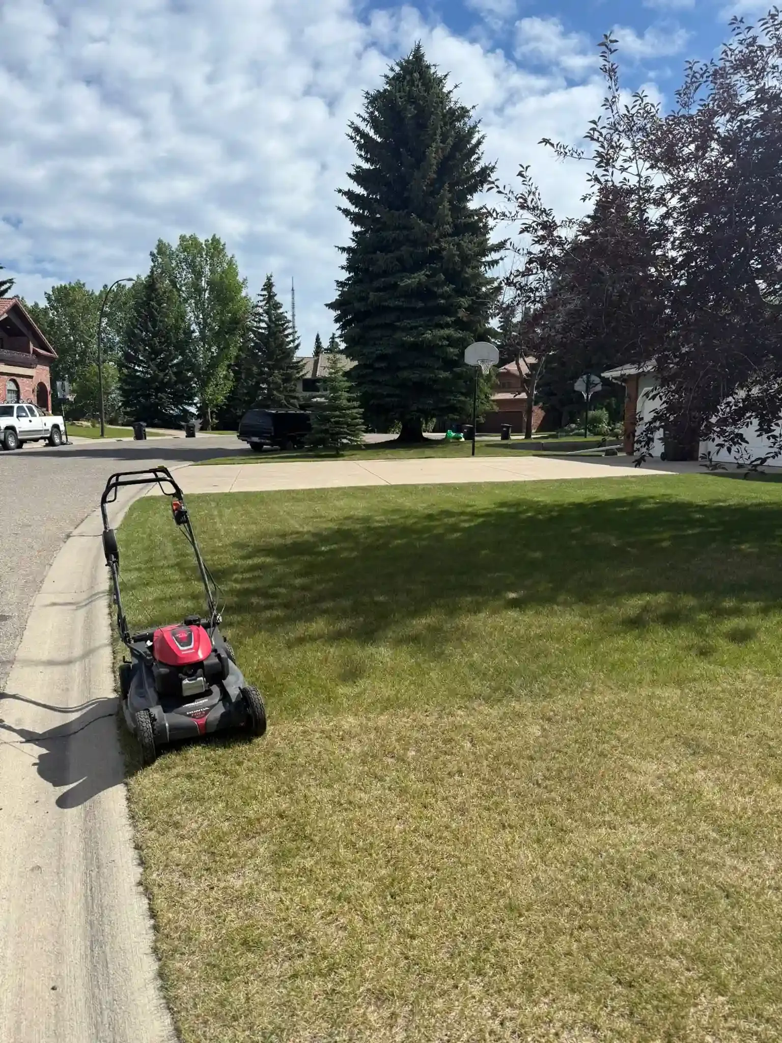A lawnmower sits on a sidewalk next to a grassy area, with trees, buildings, and a cloudy sky in the background.
