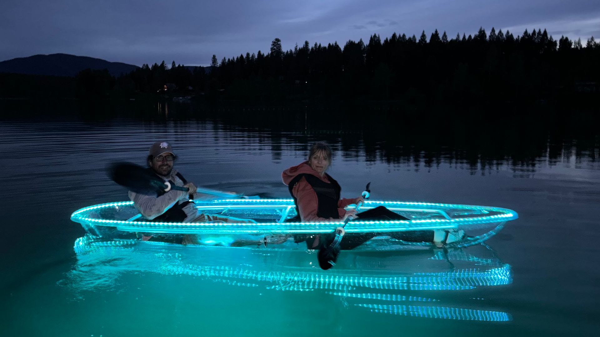Kayaking night tour in LED lit kayaks in West Glacier MT
