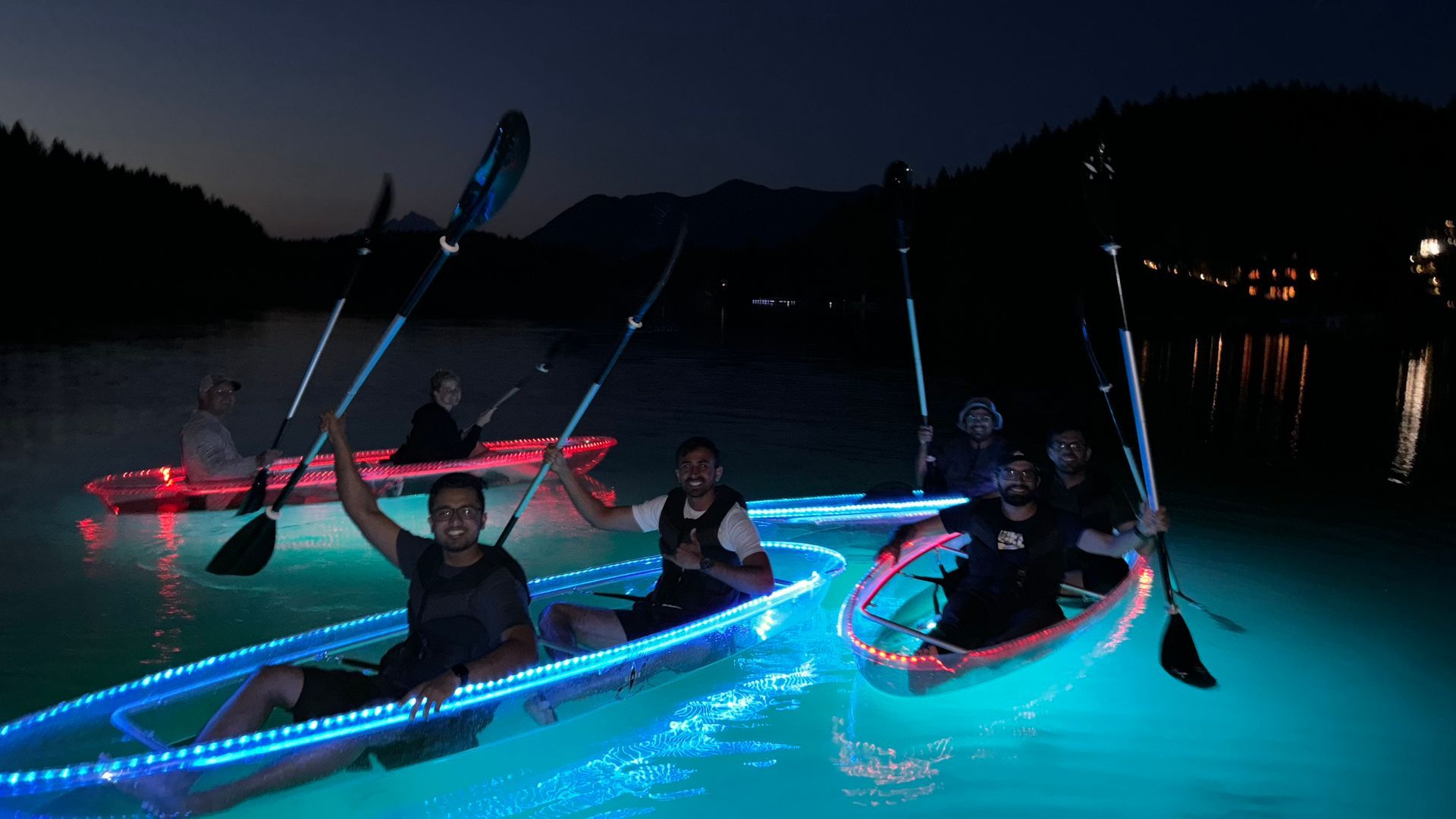 The sunset paddle on the illuminated glass kayak tour was breathtaking. We watched the sun dip behind the mountains while paddling in clear kayaks. A fantastic group activity and one of the highlights of our Glacier National Park trip.