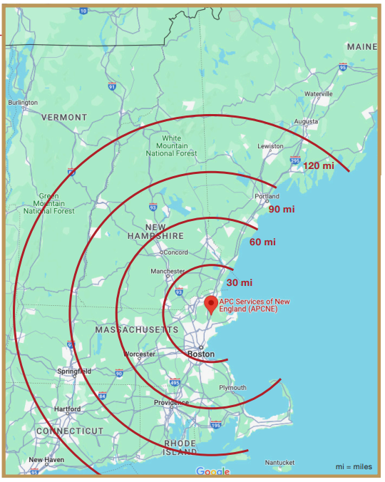 Weather map of New England with red hurricane track and concentric wind-radius circles near the coast