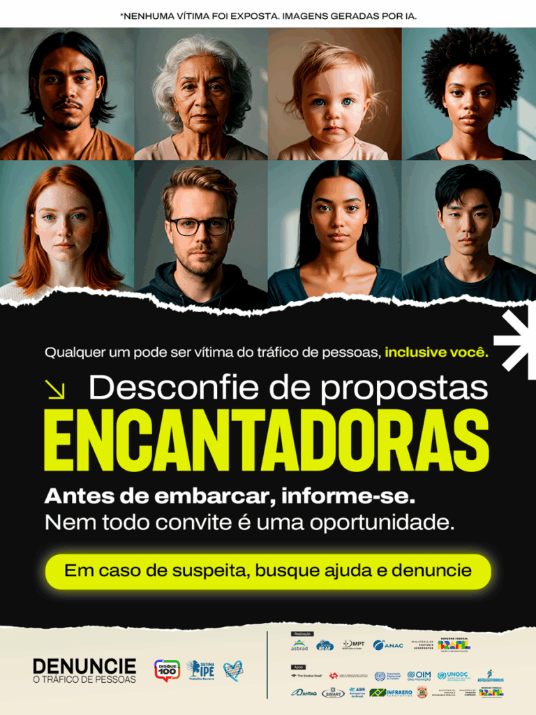 Cartaz sobre tráfico humano com rostos de pessoas. O texto diz: 