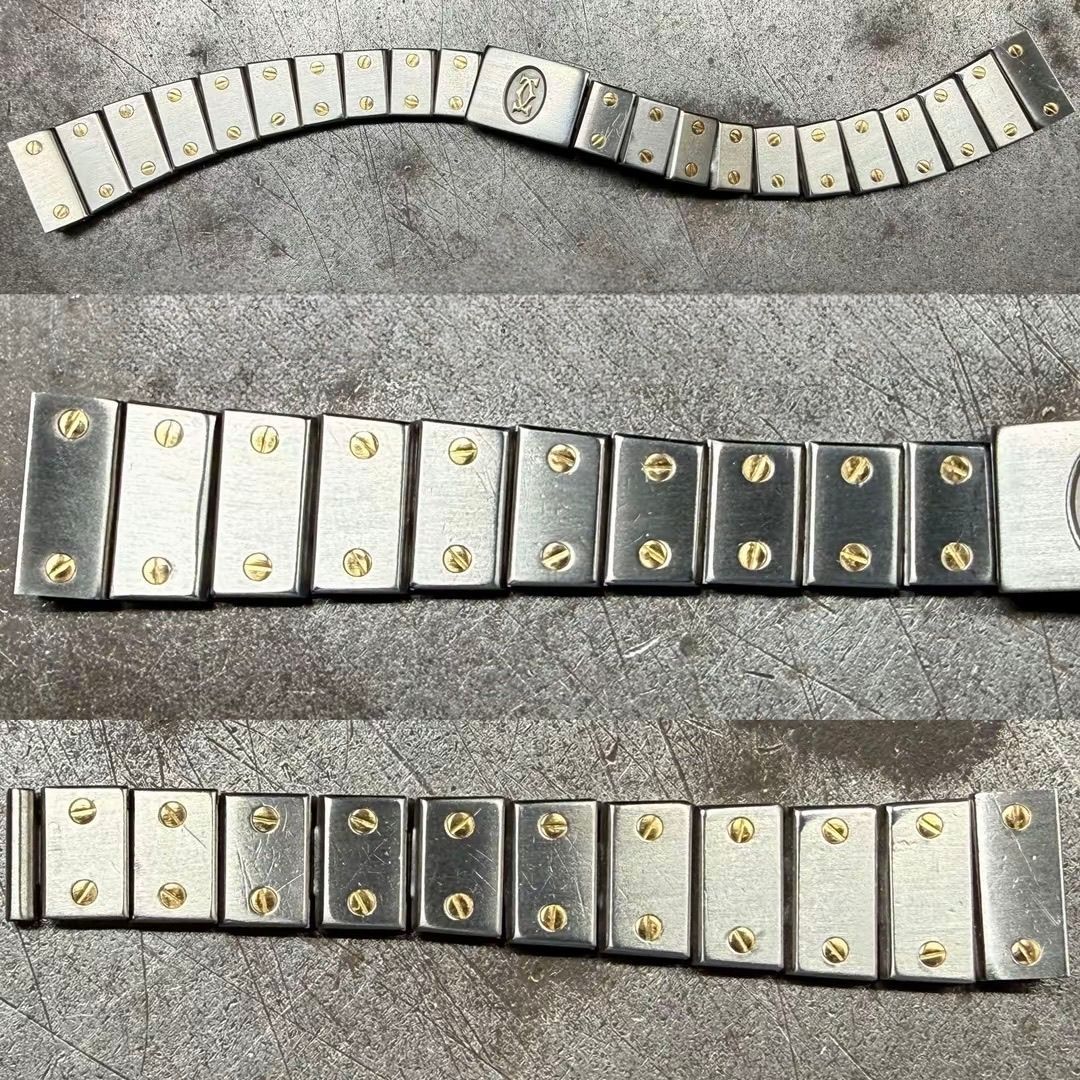 Tre viste di un bracciale per orologio in acciaio inossidabile con dettagli a vite color oro su uno sfondo grigio testurizzato.