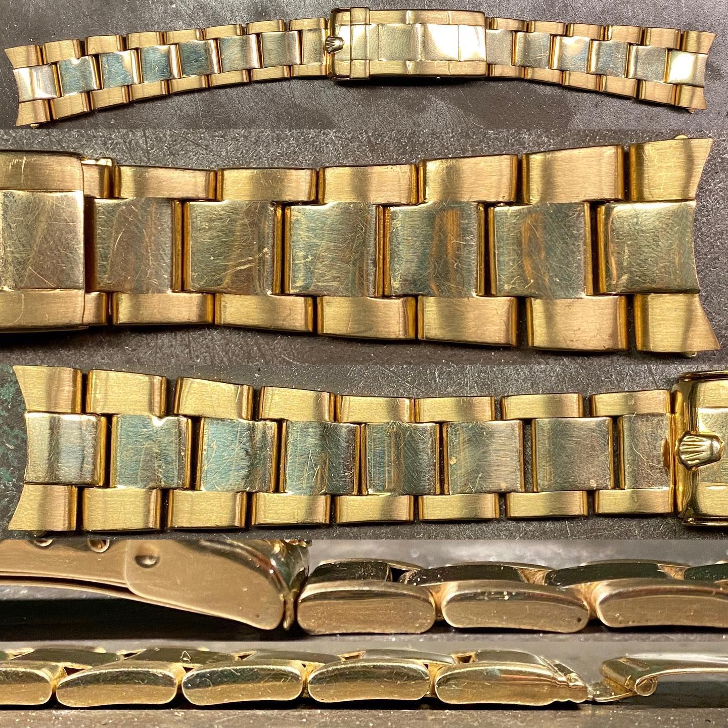 Un collage di diversi bracciali per orologi in oro, che mostrano vari stili di maglie, design di chiusure e terminali curvi.