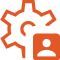 Orange icon featuring a gear shape partially overlapping a square user profile symbol.