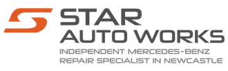Logo for Star Auto Works, an independent Mercedes-Benz repair specialist in Newcastle, featuring a stylized orange S.
