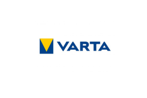 VARTA logo featuring a yellow triangle inside a blue square next to the blue word