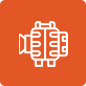 White line icon of an engine block on an orange square background.