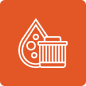 A white line-art icon on an orange background showing a water droplet with bubbles next to a pleated cylindrical filter.