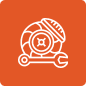 A white line icon of a brake disc and caliper with a wrench across the bottom, set on an orange square background.