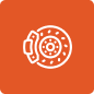 White line art icon of a car brake disc and caliper on a solid orange square background.