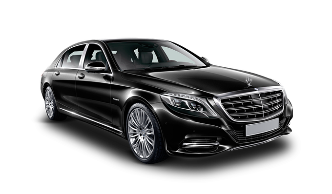 A glossy black Mercedes-Benz S-Class luxury sedan shown at a three-quarter angle against a white background.