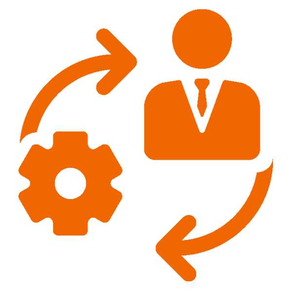 An orange icon showing a gear and a human figure connected by two circular arrows in a continuous cycle.
