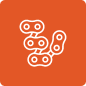 A white icon of a bicycle chain link segment on an orange square background.