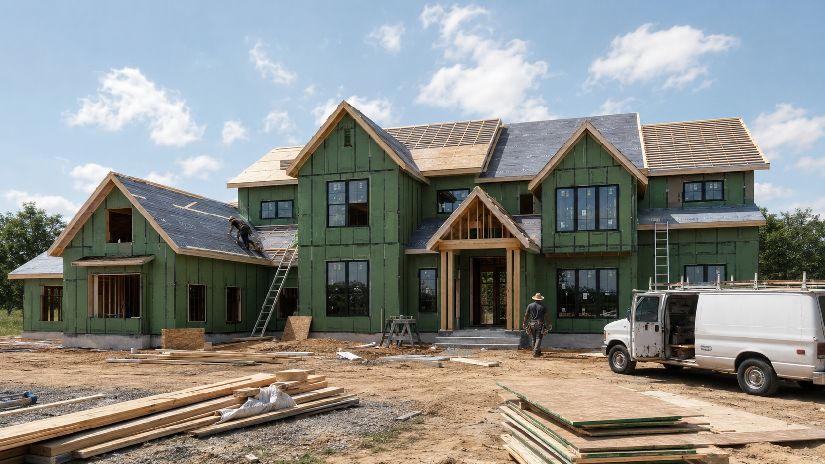 Partially built green house under construction with a white van and lumber in the foreground