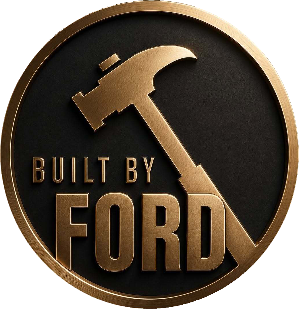 A logo that says built by ford with a hammer