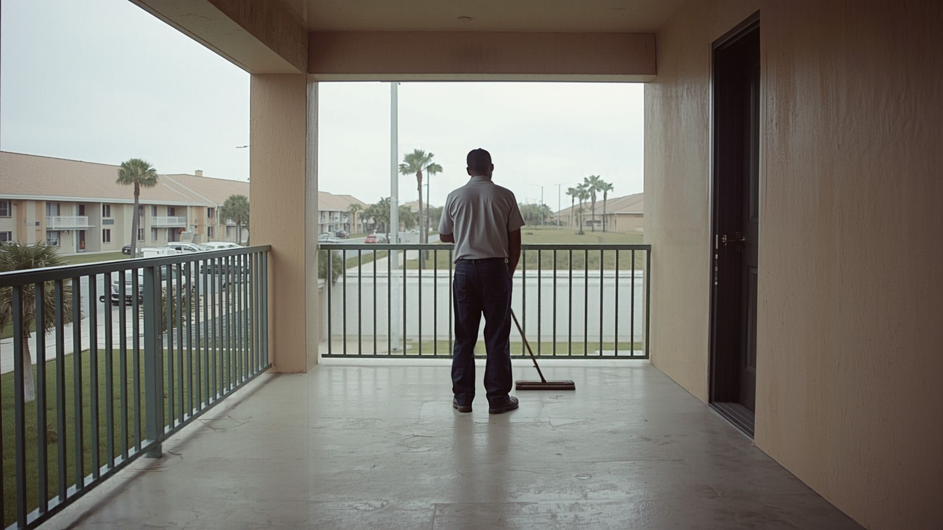 Cleaner maintaining the common area breezeway of a Florida condominium building