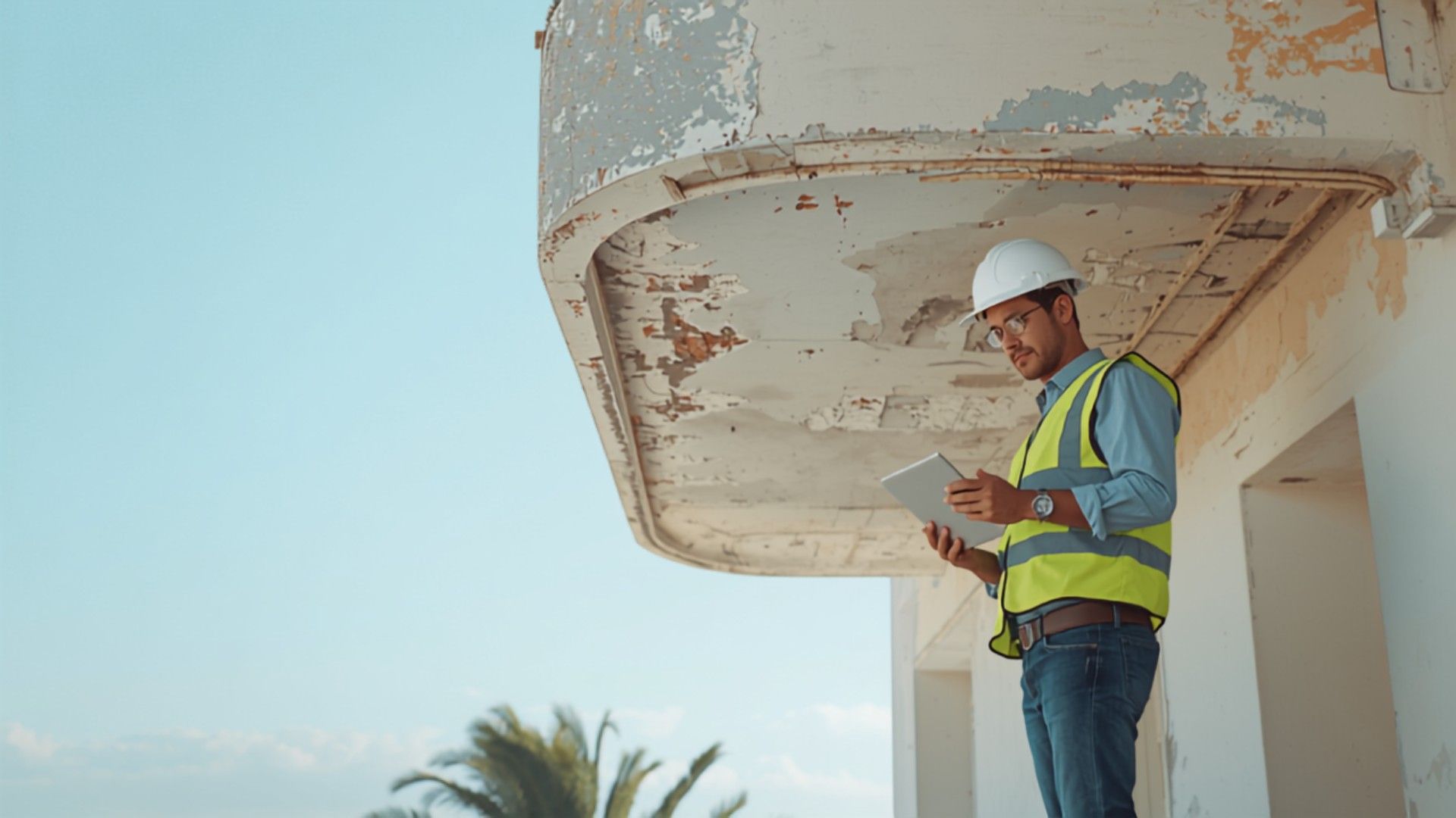 Engineer in a hard hat inspecting spalling concrete on a Florida condominium balcony during a milest