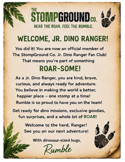 The StompGround co. welcome card with paw prints and text welcoming “JR. DINO RANGER!”