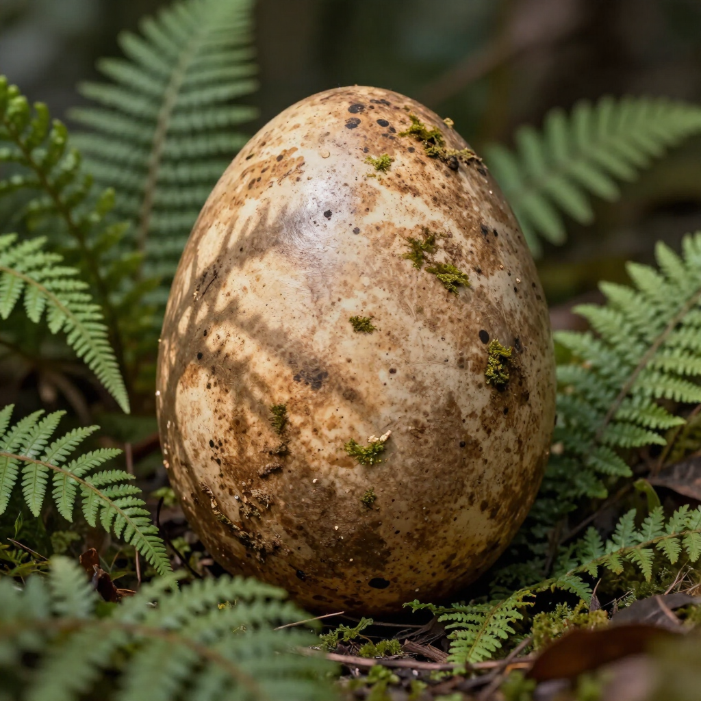 Speckled egg standing among green fern fronds on a forest floor