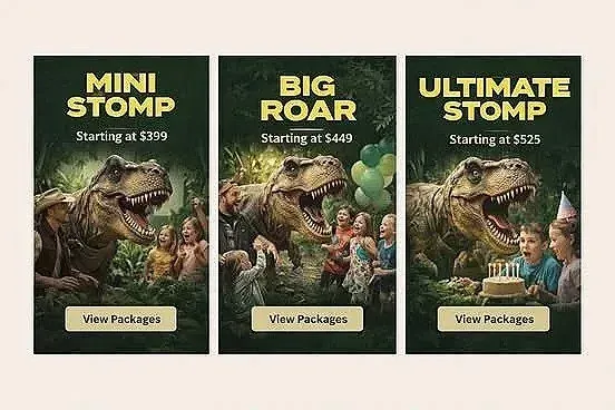Three zoo package cards: Mini Stomp, Big Roar, and Ultimate Stomp with animal scenes and “View Packages” buttons