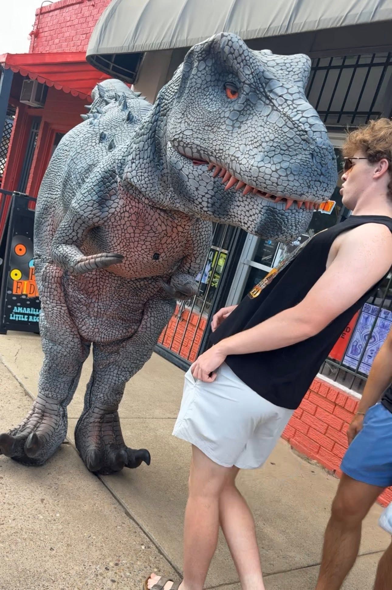 Gray dinosaur costume leaning toward a person outside a building, with another person partly visible beside them