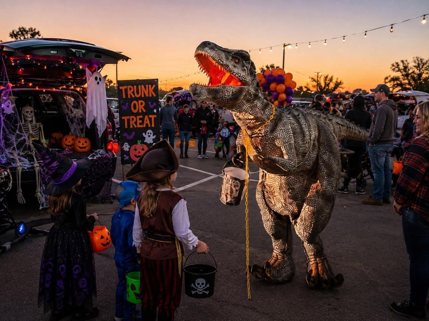 Costumed children and a glowing dinosaur at a Halloween trunk-or-treat event at sunset