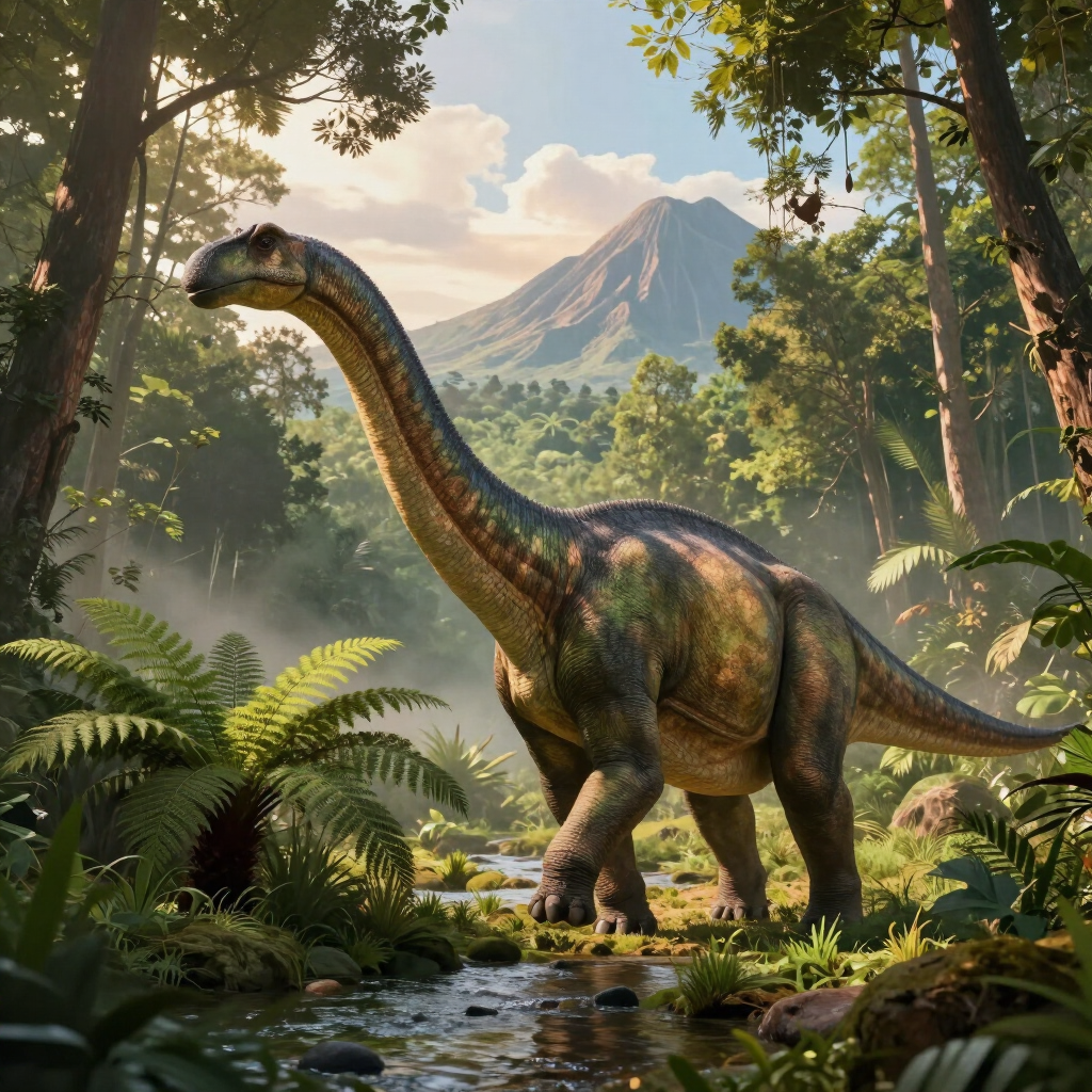 A long-necked dinosaur stands in a lush forest with a mountain in the background.