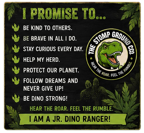 Green dinosaur ranger pledge poster with jungle leaves and promises to be kind, brave, curious, and protect the planet