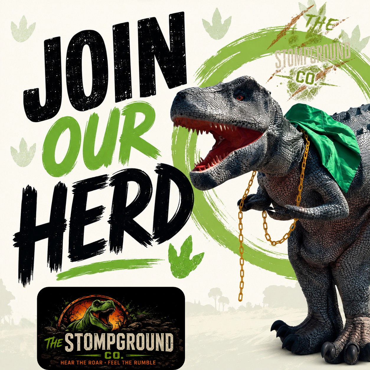 T-Rex mascot beside โJOIN OUR HERDโ text and The Stompground logo, on a white background