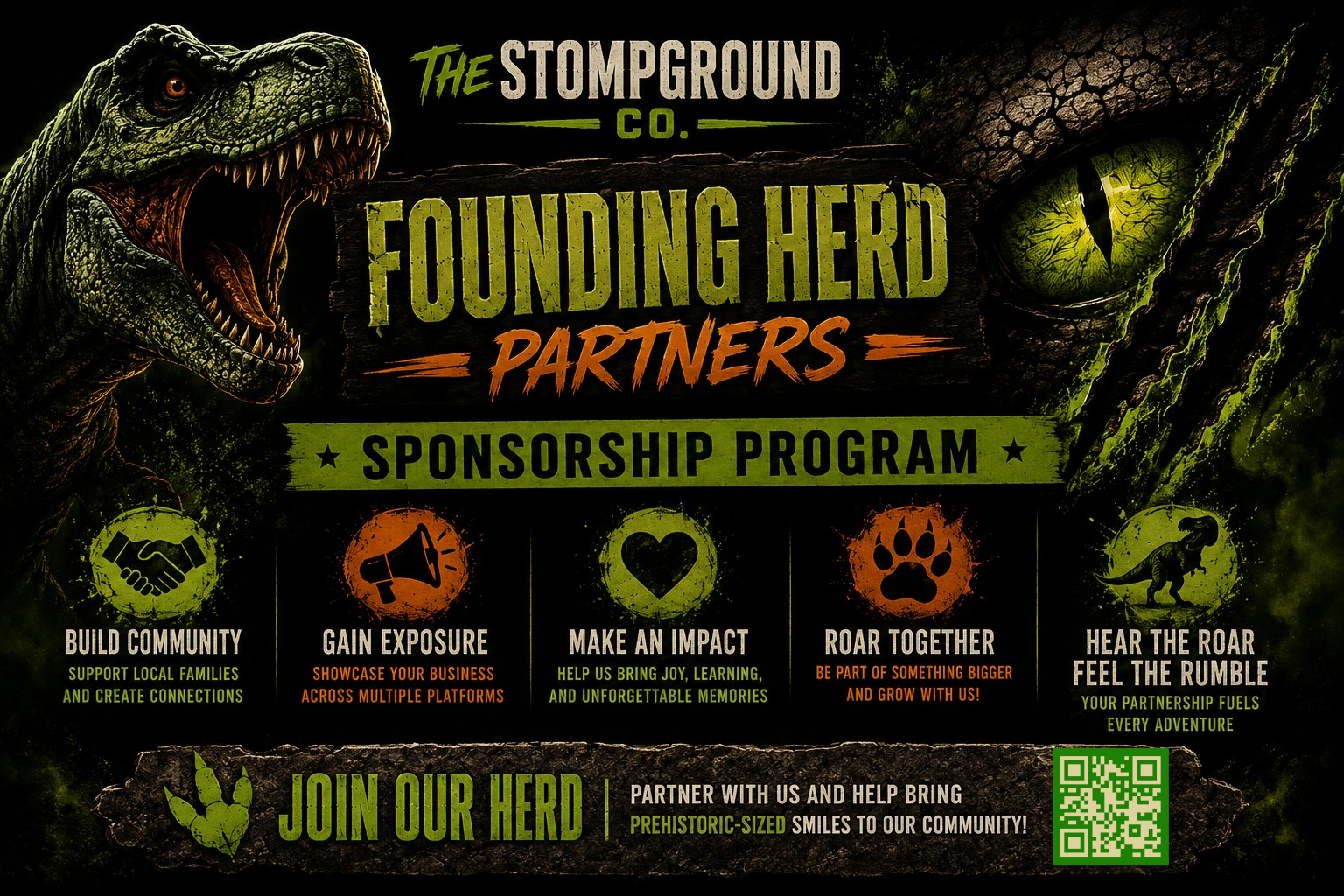 Jurassic-style “Founding Herd Partners” sponsorship banner with dinosaur eyes and green-black theme