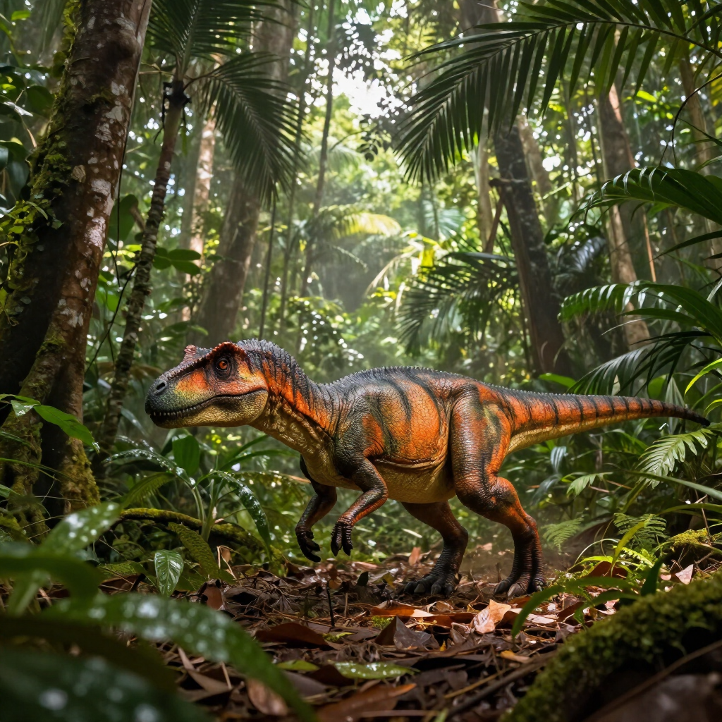 Orange-and-black dinosaur standing in a lush jungle with sunlight filtering through palm leaves