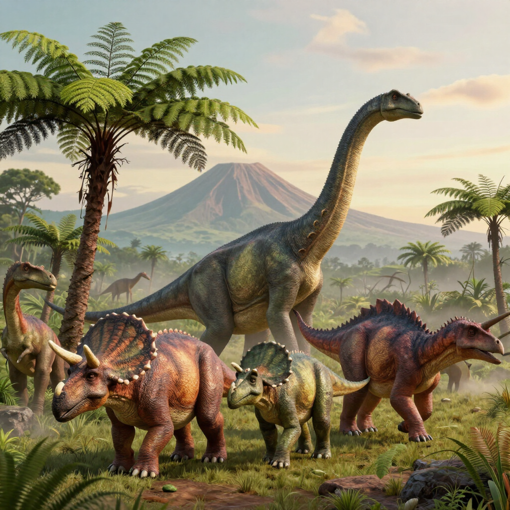 Dinosaurs roaming a lush tropical landscape with a volcano in the background