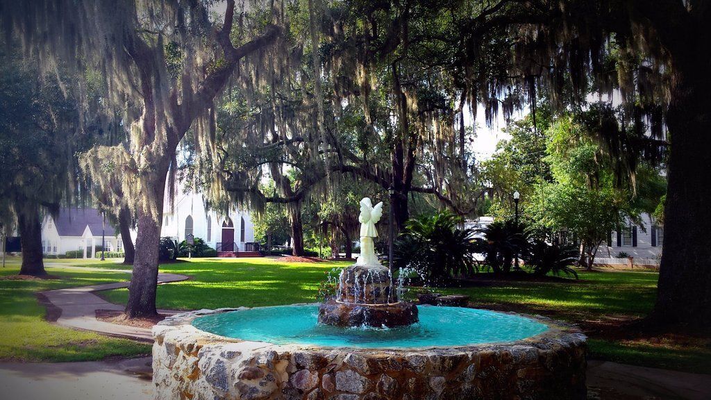 Tree-shaded park fountain with turquoise water and surrounding greenery