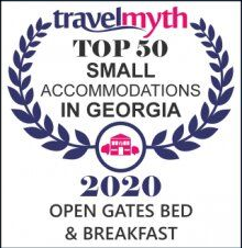 Travelmyth award badge: Top 50 Small Accommodations in Georgia 2020 for Open Gates Bed & Breakfast