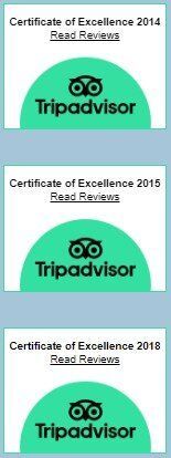 Three TripAdvisor Certificate of Excellence badges for Baga Resort, labeled 2014, 2015, and 2018.