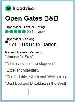 Tripadvisor rating card for Open Gates B&B in Darien, with 5 green dots and guest quotes