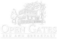 Open Gates Bed and Breakfast logo with a house illustration and trees